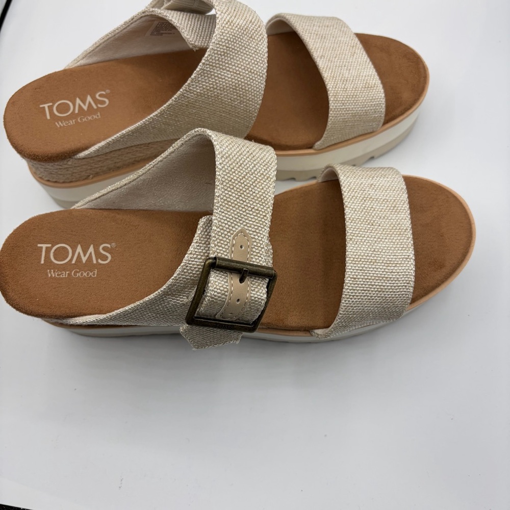 Toms Women's Beige Canvas Slide Sandals with Buckle